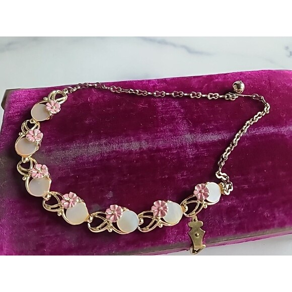 Mother of Pearl Disc Floral Enamel Adjustable Choker Necklace Vintage, READ - Picture 5 of 10